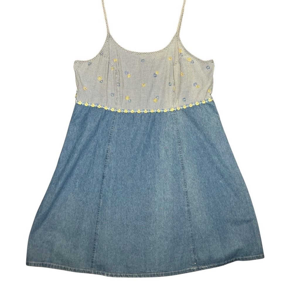 Floral Embroidered Denim Sun Dress 20 Spaghetti Strap 90s Y2K Cotton Cottagecore